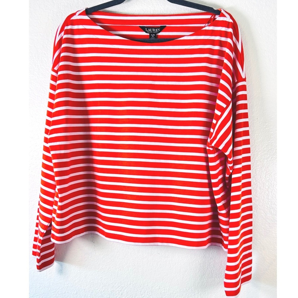Lauren Ralph Lauren Preppy Red White Striped Boat Neck Boxy Top XL Long Sleeve